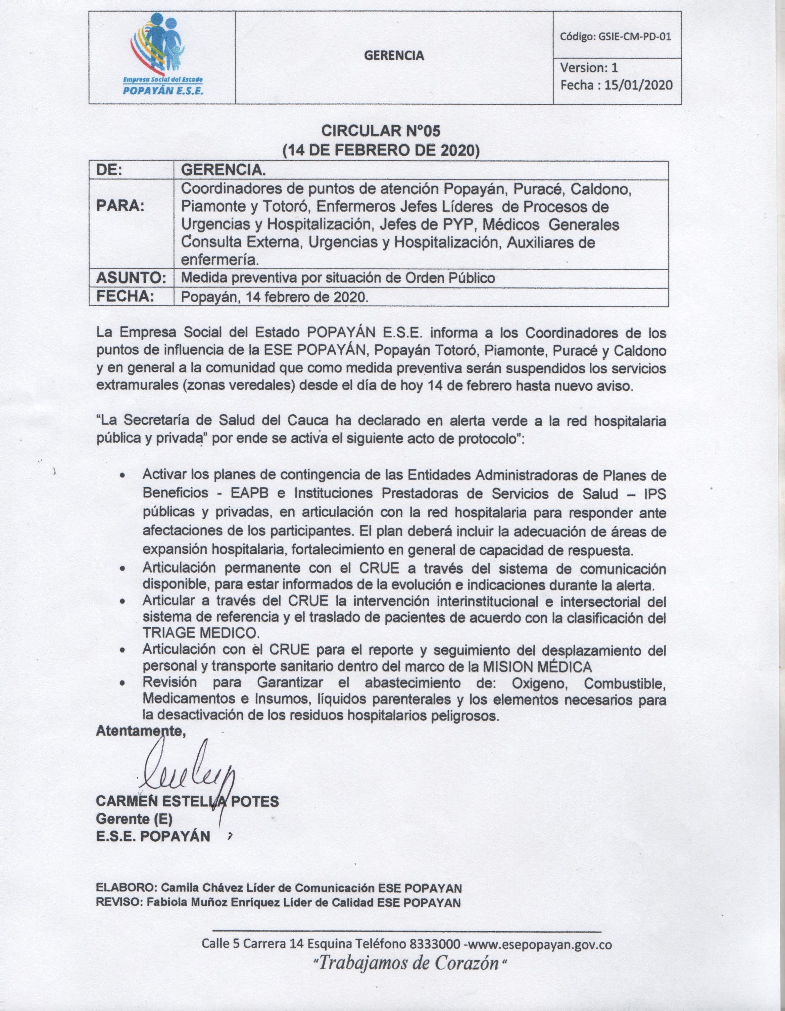 CIRCULAR 05 - Suspensión de servicios por situación de Orden Público desde 14 de febrero #paroarmado #Cauca #Popayán #centrosdesalud #hospitales #serviciodesalud #protocolodeseguridad #misionmedica #misiónmédica #Piamonte #Totoró #Caldono #Puracé #Colombia #ParoArmado